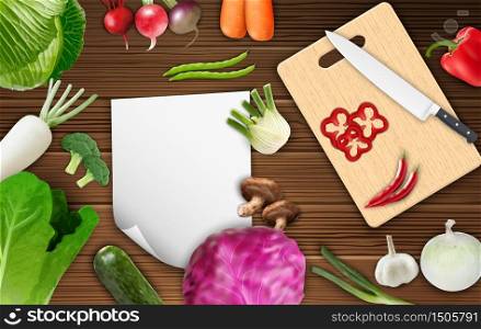 Vegetables on the table with paper and cutting board.Vector