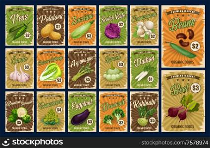 Vegetables, organic farm market food veggies price cards. Vector price for potato, zucchini squash and garlic, peas and beans, daikon radish and asparagus, Brussels sprouts and romanesco cabbage. Farm market vegetables, price cards