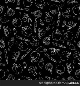 Vegetables pattern on black. Hand-drawn doodle vector seamless pattern of vegetables, metaphor of healthy eating. Vegetables pattern on black. Hand-drawn doodle vector seamless pattern of vegetables, metaphor of healthy eating.