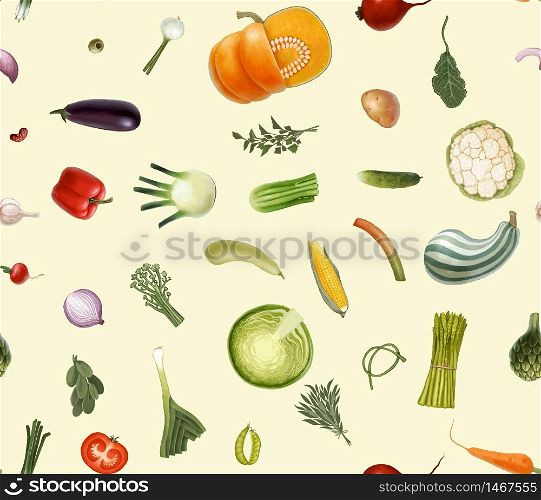 Vegetables pattern on light cream - hand-drawn vector seamless pattern of vegetables, isolated on transparent with light cream background, metaphor of healthy eating. Vegetables set on cream