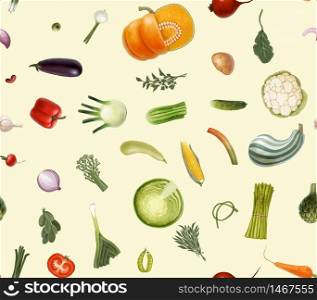 Vegetables pattern on light cream - hand-drawn vector seamless pattern of vegetables, isolated on transparent with light cream background, metaphor of healthy eating. Vegetables set on cream