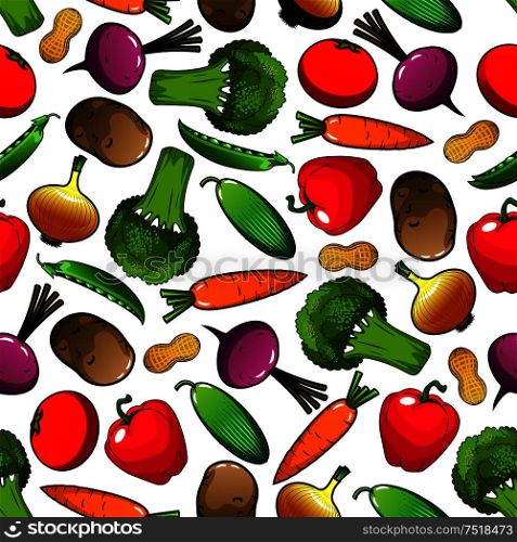 Vegetables pattern with seamless background of tomato, bell pepper, onion, broccoli, carrot, peanut, cucumber, potato, green pea, beet vegetables. Organic farming agriculture vegetarian food design. Vegetables and legumes seamless pattern