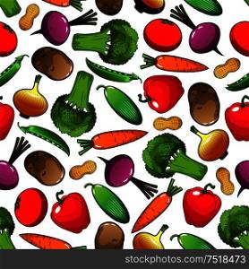 Vegetables pattern with seamless background of tomato, bell pepper, onion, broccoli, carrot, peanut, cucumber, potato, green pea, beet vegetables. Organic farming agriculture vegetarian food design. Vegetables and legumes seamless pattern