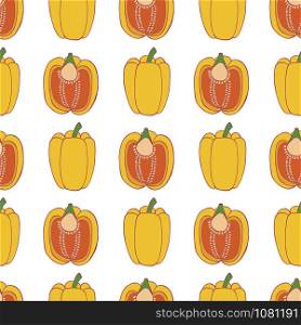 Vegetables pepper seamless pattern for wallpaper design. Fresh ripe color food. Organic healthy vegetable. Raw, vegan, vegetarian food. Cartoon pattern on white backdrop. Vector doodle design. . Pepper seamless pattern