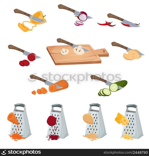 Vegetables preparing set of tools for chopping cutting by knife and grater isolated vector illustration. Vegetables Preparing Set