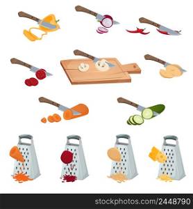 Vegetables preparing set of tools for chopping cutting by knife and grater isolated vector illustration. Vegetables Preparing Set