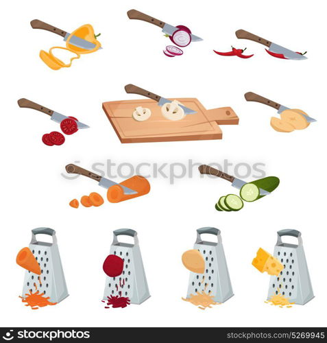 Vegetables Preparing Set . Vegetables preparing set of tools for chopping cutting by knife and grater isolated vector illustration