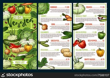 Vegetables price list vector template of farm food sketches. Bell pepper, carrot and cabbage, zucchini, onion and beans, cucumber, kohlrabi and potato, green pea, leek and squash, farmer market design. Farm vegetables. Pepper, carrot, zucchini, beans