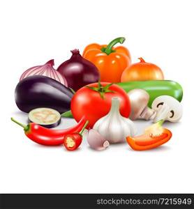 Vegetables realistic composition on white background with tomato onion sweet and hot pepper eggplant garlic courgette mushroom vector illustration. Vegetables Composition On White Background