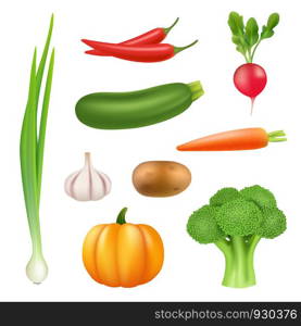 Vegetables realistic pictures. Healthy fresh food pumpkin broccoli cucumber pepper carrot vector 3d illustration. Set of vegetable carrot and pepper, nutrient radish and ripe harvest potato garlic. Vegetables realistic pictures. Healthy fresh food pumpkin broccoli cucumber pepper carrot vector 3d illustrations