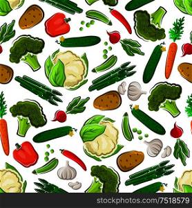 Vegetables seamless background. Vegetarian wallpaper with pattern vector icons of fresh farm carrot, asparagus, cucumber, potato, broccoli, radish, cauliflower, pea, garlic pepper. Fresh farm vegetarian food seamless background