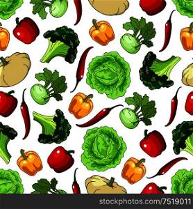 Vegetables seamless background. Wallpaper with pattern of fresh farm vegetarian food. Pepper, cabbage, kohlrabi, chili, squash for grocery store, food market, product shop. Vegetables seamless pattern background