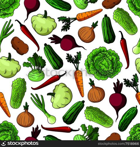 Vegetables seamless background. Wallpaper with pattern of fresh farm vegetarian food cucumber, napa, cabbage, beet, onion, squash, zucchini, kohlrabi for grocery store, food market, restaurant, menu shop. Vegetables background. Seamless pattern wallpaper