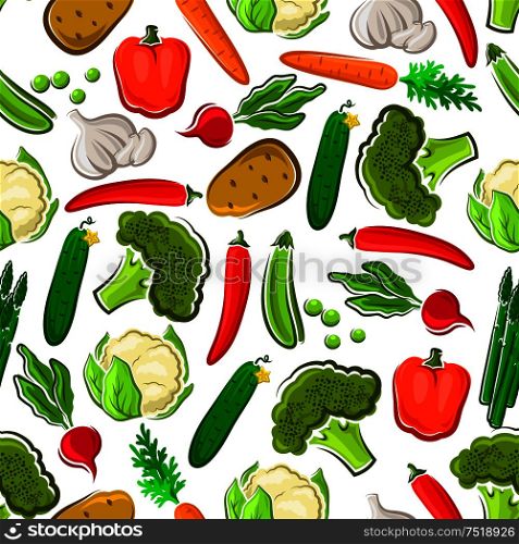Vegetables seamless background. Wallpaper with vector pattern icons of fresh farm vegetarian carrot, cauliflower, broccoli, asparagus, pepper, cucumber, chili for grocery store, food market, product shop. Fresh vegetables vegetarian seamless background