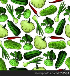 Vegetables seamless background. Wallpaper with vector pattern of fresh farm food icons. Pepper, chili, squash, zucchini, leek, chinese cabbage, kohlrabi for grocery store, food market, vegetarian product shop. Fresh farm vegetables seamless background