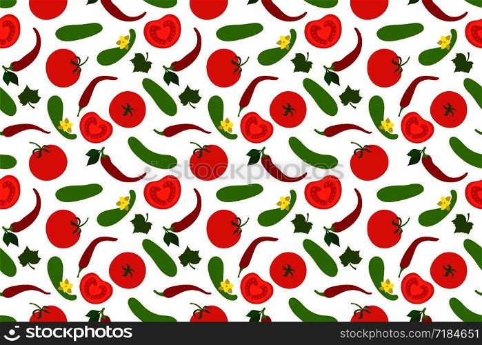 Vegetables seamless pattern. Cucumber, tomato and pepper. Paprika. Hand drawn doodle vector sketch. Healthy food collection. Vegetarian product. Vegan menu