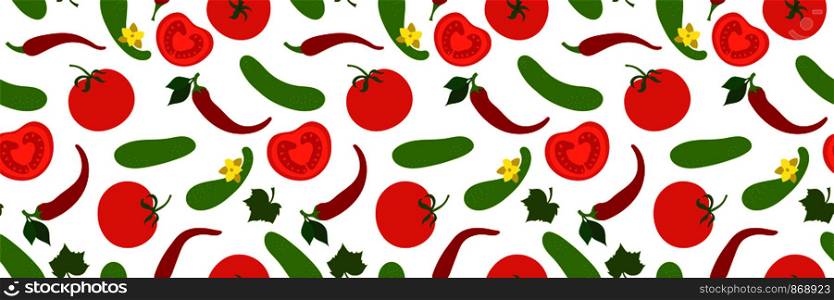 Vegetables seamless pattern. Cucumber, tomato and pepper. Paprika. Hand drawn doodle vector sketch. Healthy food collection. Vegetarian product. Vegan menu
