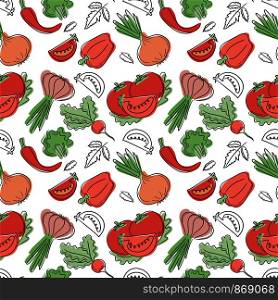 Vegetables seamless pattern. Hand drawn fresh tomato, pepper, radish, onion, garlic, paprika and broccoli. Vector sketch background. Doodle wallpaper. Red and green print