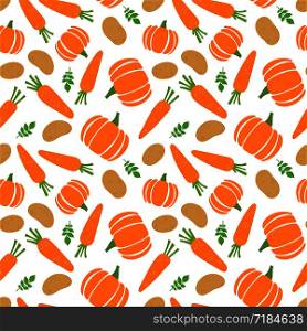 Vegetables seamless pattern. Potato, carrot and pumpkin. Hand drawn doodle vector sketch. Healthy food collection. Vegetarian product. Vegan menu