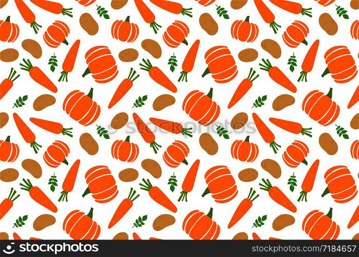 Vegetables seamless pattern. Potato, carrot and pumpkin. Hand drawn doodle vector sketch. Healthy food collection. Vegetarian product. Vegan menu