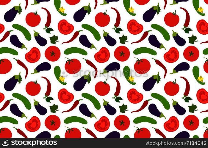 Vegetables seamless pattern. Tomato, cucumber, pepper, chili and eggplant. Paprika. Hand drawn doodle vector sketch. Healthy food collection. Vegetarian product. Vegan menu