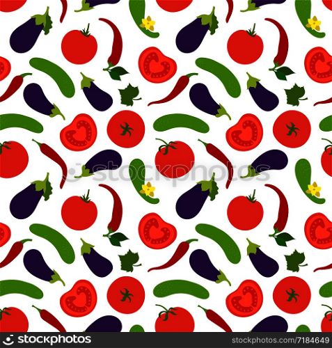Vegetables seamless pattern. Tomato, cucumber, pepper, chili and eggplant. Paprika. Hand drawn doodle vector sketch. Healthy food collection. Vegetarian product. Vegan menu