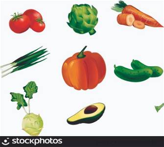 Vegetables, set of isolated, detailed vector illustrations and icons