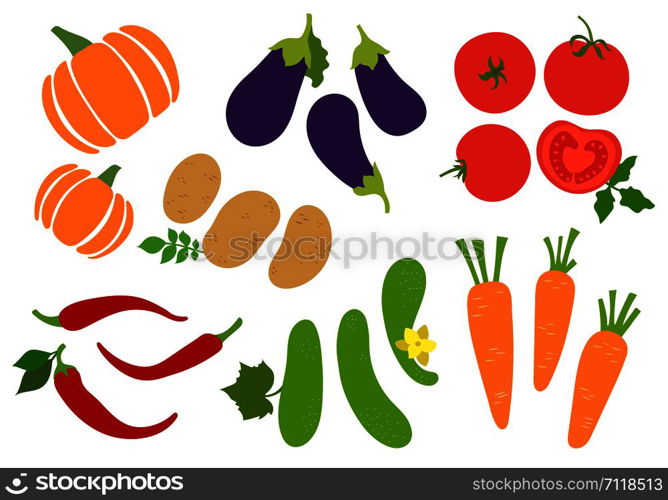 Vegetables set. Potato, cucumber, tomato, pepper, chili, carrot, pumpkin and eggplant. Agriculture, gourds. Hand drawn vector sketch. Healthy food collection. Vegetarian menu