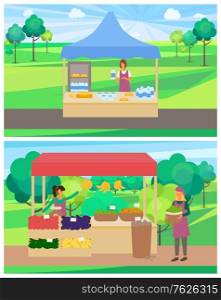Vegetables shop with organic products vector, woman selling ingredients from farm. Milk and dairy production, milk in bottles, fridge with food set in park. Flat cartoon. Diary Products Selling at Spring Fair Vegetables