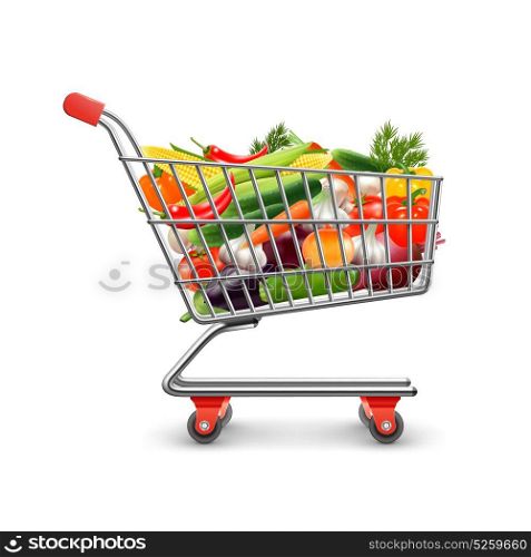 Vegetables Shopping Concept. Vegetables shopping realistic concept with shopping cart and goods vector illustration
