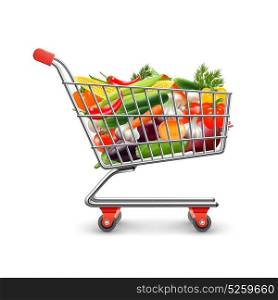 Vegetables Shopping Concept. Vegetables shopping realistic concept with shopping cart and goods vector illustration