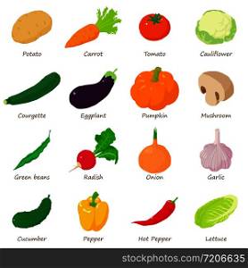 Vegetables signed names icons set. Isometric illustration of 16 vegetables signed names vector icons for web. Vegetables signed names icons set, isometric style