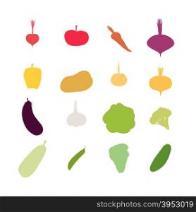 Vegetables silhouette icons Set. Vector illustration. Carrots and potatoes, beets and radishes, cabbage and garlic, Eggplant and tomato.