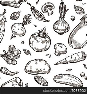 Vegetables sketch seamless pattern. Vector isolated set of organic vegetarian tomato, cucumber or corn and pumpkin, kohlrabi or cauliflower and broccoli cabbage, onion leek or garlic veggies. Vegetables sketch seamless pattern. Vector isolated set of organic vegetarian tomato