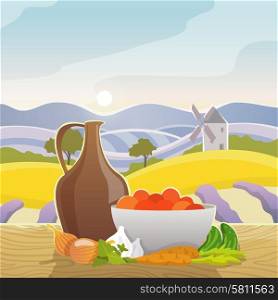 Vegetables still life with rural mediterranean landscape on background flat vector illustration. Rural Landscape With Still Life