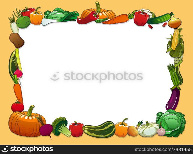 Vegetables vector frame with farm and garden fresh food. Pepper, carrot, tomato and garlic, radish, onion, cabbage and asparagus, broccoli, cauliflower, eggplant and pumpkin, pea and corn border. Vegetables frame with farm and garden fresh food