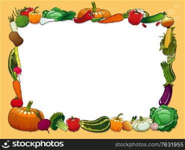 Vegetables vector frame with farm and garden fresh food. Pepper, carrot, tomato and garlic, radish, onion, cabbage and asparagus, broccoli, cauliflower, eggplant and pumpkin, pea and corn border. Vegetables frame with farm and garden fresh food