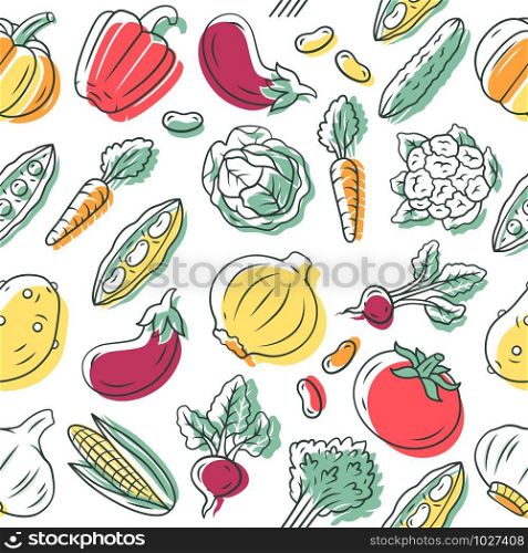 Vegetables vector seamless pattern. Veggies background. Healthy eating. White texture, hand drawn color icons. Dietary nutrition. Tomato, eggplant. Vegetarian food wrapping paper, wallpaper design