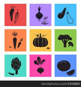 Vegetables vegetarian icons. Beet, chili pepper, eggplant, artichoke, pumpkin, carrot, tomato, onion, broccoli. Vegetables Vegetarian food icons set silhouette illustration