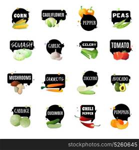 Vegetables With Labels Set. Vegetables label set with sixteen isolated garden produced green grocery polygonal images and appropriate naming tags vector illustration