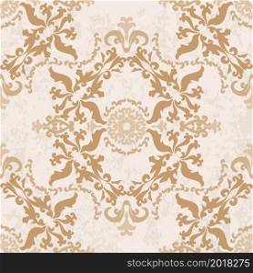 Vegetal monochrome retro pattern in beige. Vintage texture pattern. Seamless damask pattern. Vector illustration. For wallpaper, textile, tile or wrapping paper.. Vegetal monochrome retro pattern in beige.