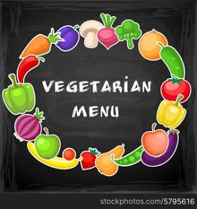 Vegetarian background with fruits and vegetables on a chalkboard