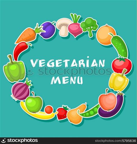 Vegetarian background with fruits and vegetables on a green background
