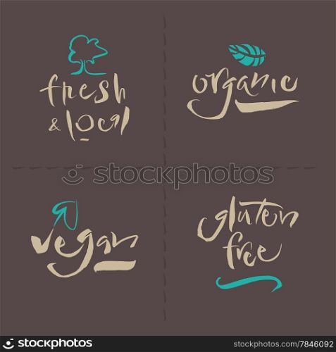 Vegetarian Collection - Organic - Fresh &amp; Local - Gluten Free - Vegan - Illustration and calligraphy. EPS vector file. Hi res JPEG included