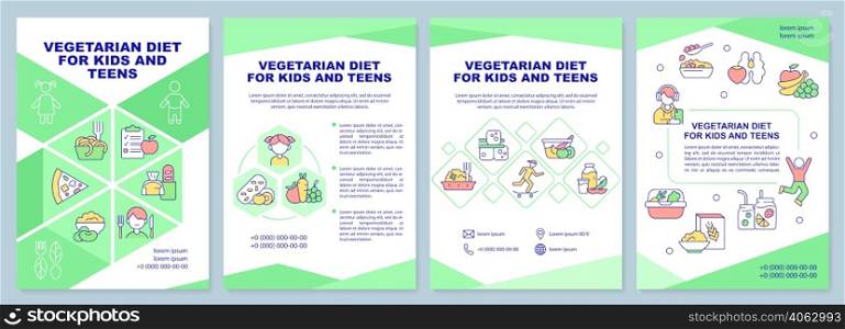 Vegetarian diet for kids and teens brochure template. Leaflet design with linear icons. 4 vector layouts for presentation, annual reports. Arial-Black, Myriad Pro-Regular fonts used. Vegetarian diet for kids and teens brochure template