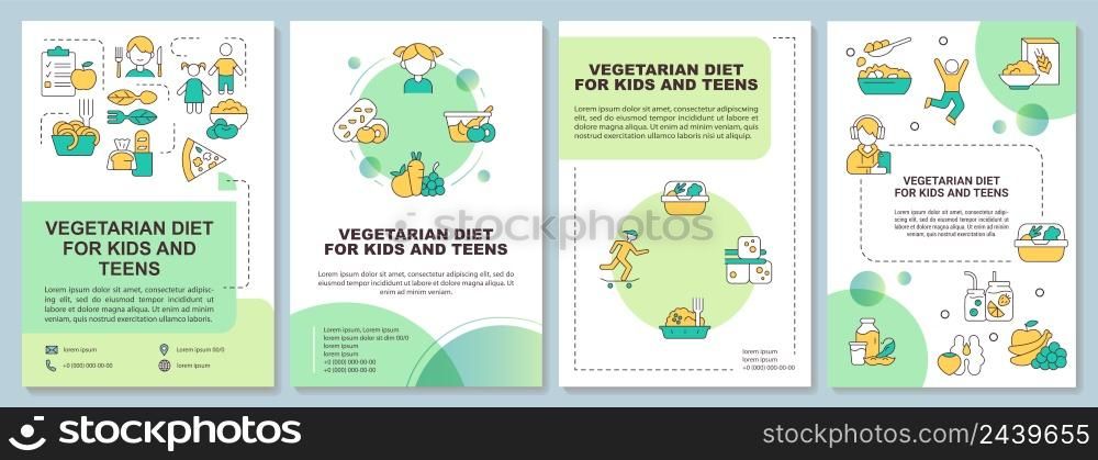 Vegetarian diet for kids and teens green brochure template. Leaflet design with linear icons. 4 vector layouts for presentation, annual reports. Arial-Black, Myriad Pro-Regular fonts used. Vegetarian diet for kids and teens green brochure template