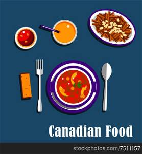 Vegetarian dinner of canadian cuisine with poutine, french fries, cheese curds and brown gravy, vegetable stew with dumplings, butter tart and orange juice. Flat style. Canadian cuisine dinner dishes and drinks