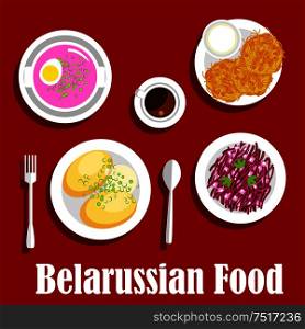 Vegetarian dinner with national belarusian dishes icon with flat symbols of potato pancakes draniki, served with sour cream, cold beet soup with hard boiled egg, potato with butter sauce, red cabbage and apple salad, cup of coffee. Belarusian vegetarian national dishes flat icon