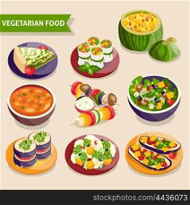 Vegetarian dishes set. Vegetarian dishes set with fresh vegetable food isolated vector illustration