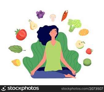 Vegetarian female character. Young woman meditation, eco products or healthy food. Green vegan lifestyle, vegetables and fruits utter vector concept. Illustration woman and vegetable, fruit. Vegetarian female character. Young woman meditation, eco products or healthy food. Green vegan lifestyle, vegetables and fruits utter vector concept